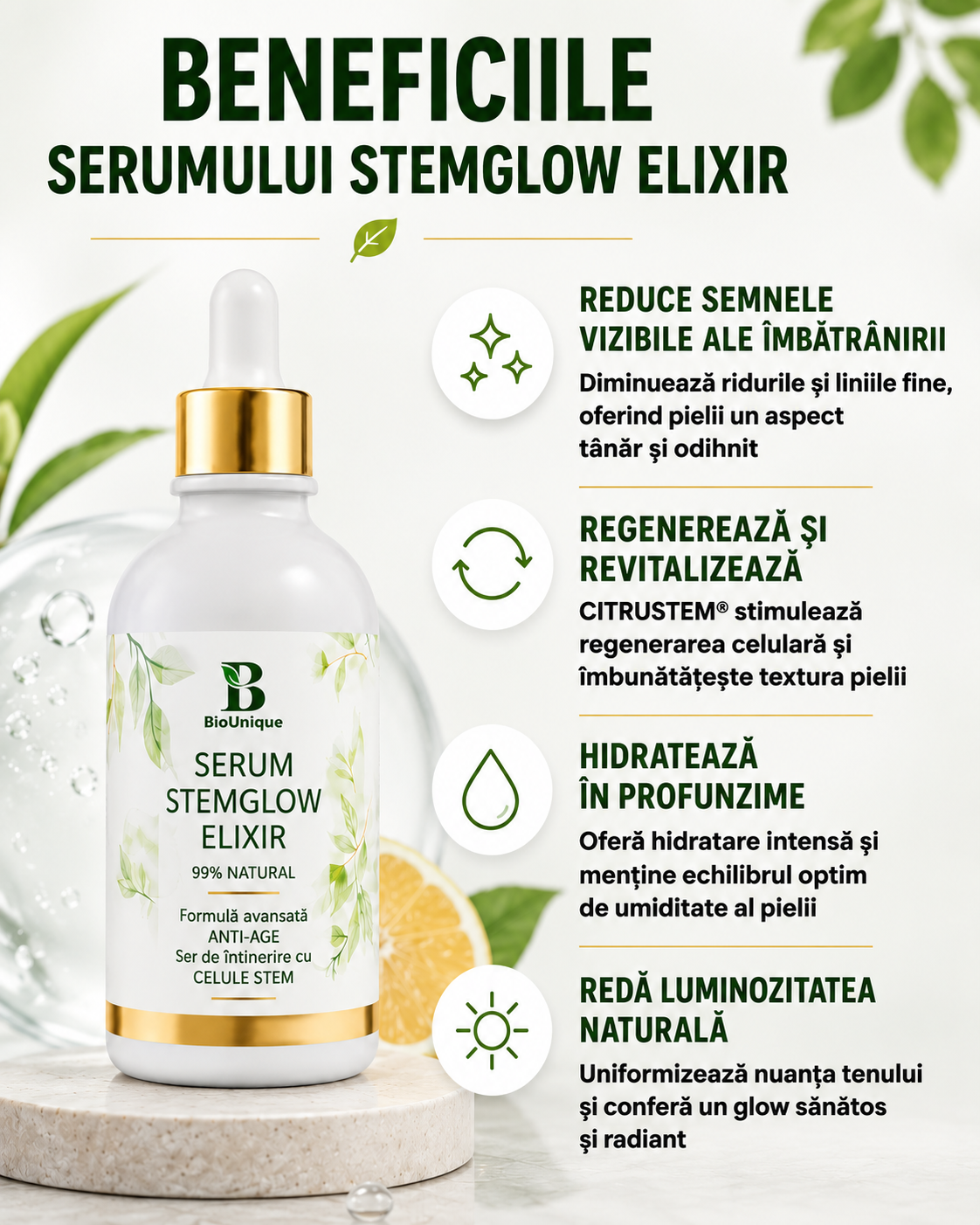 Serum Stemglow Elixir - Ser Anti-Aging cu Celule Stem și Acid Hialuronic, 30 ml