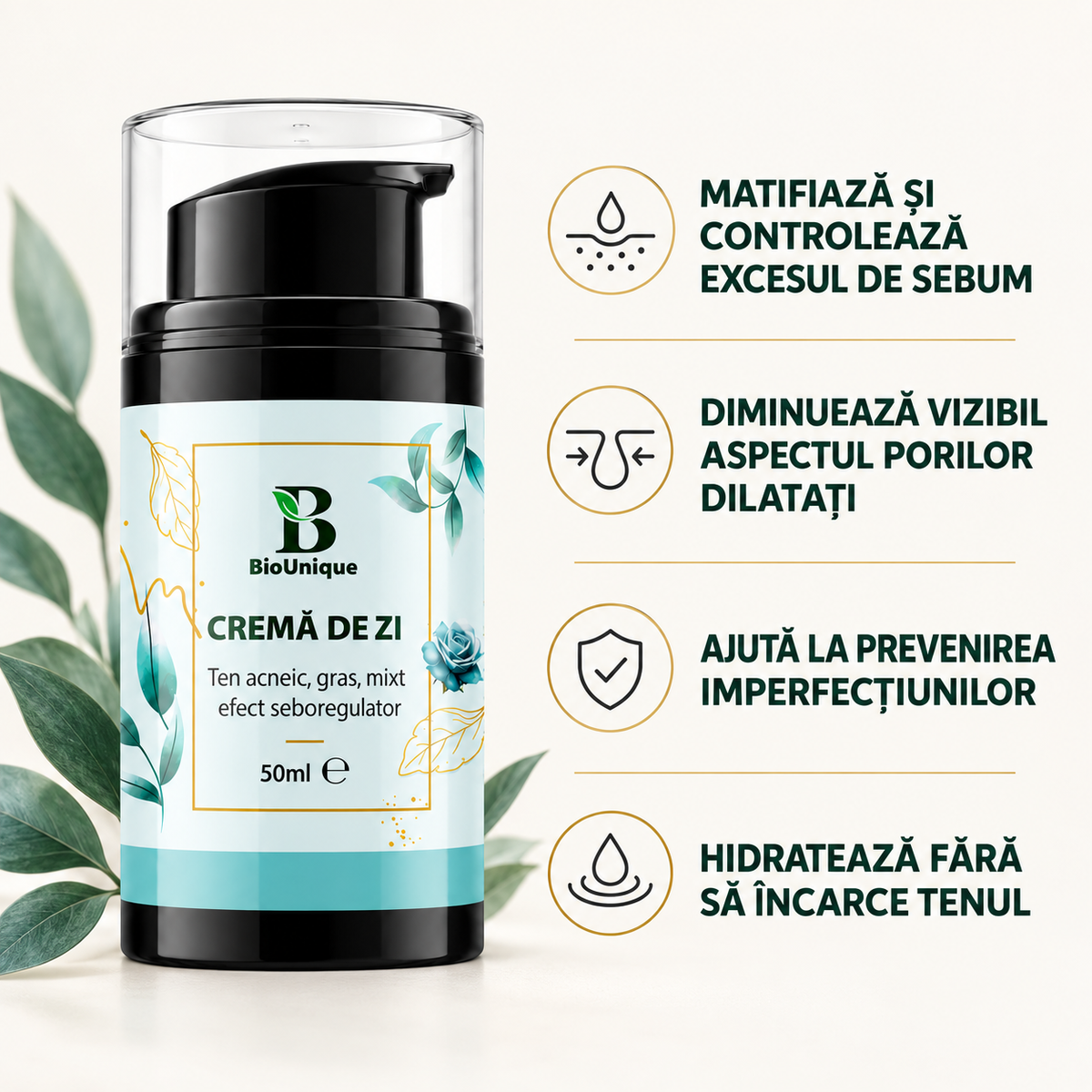 Cremă de zi seboregulatoare pentru ten gras, mixt și acneic, 50 ml