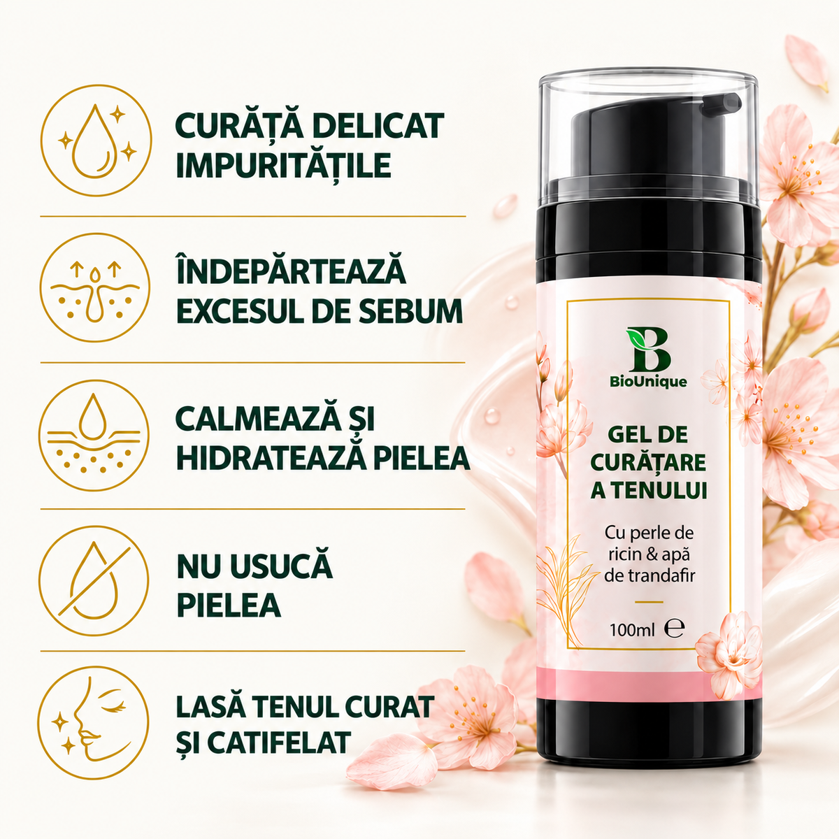Gel de curățare a tenului cu apă de trandafir & perle de ricin, 100 ml