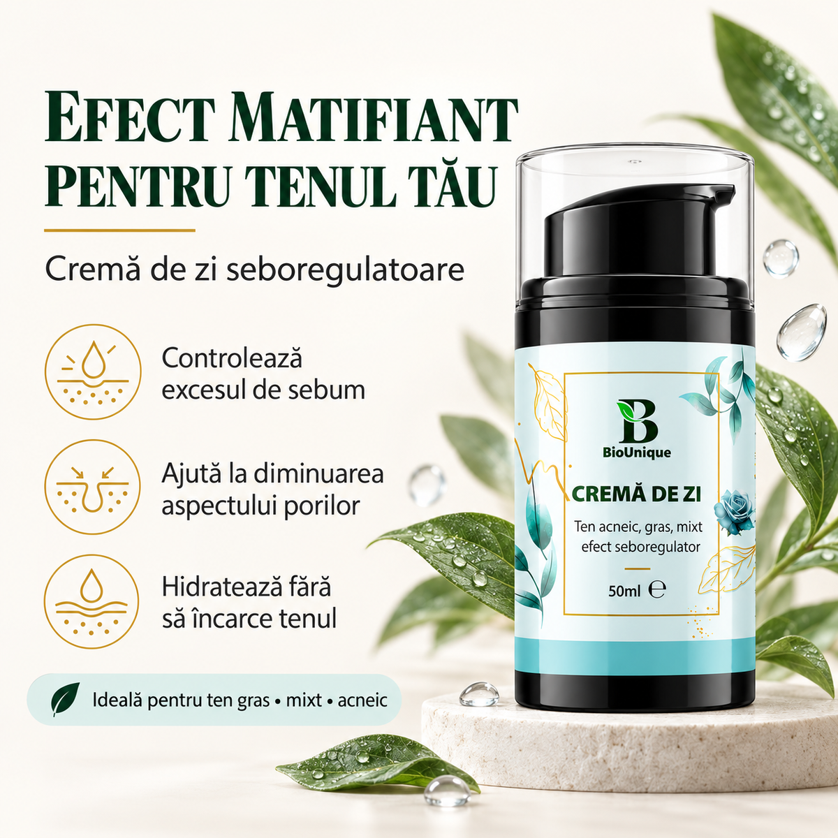 Cremă de zi seboregulatoare pentru ten gras, mixt și acneic, 50 ml