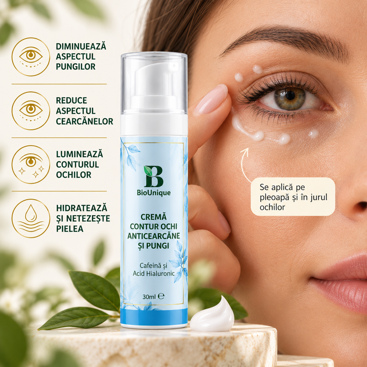 Cremă contur ochi anticearcăne și pungi sub ochi cu cafeină, 30 ml