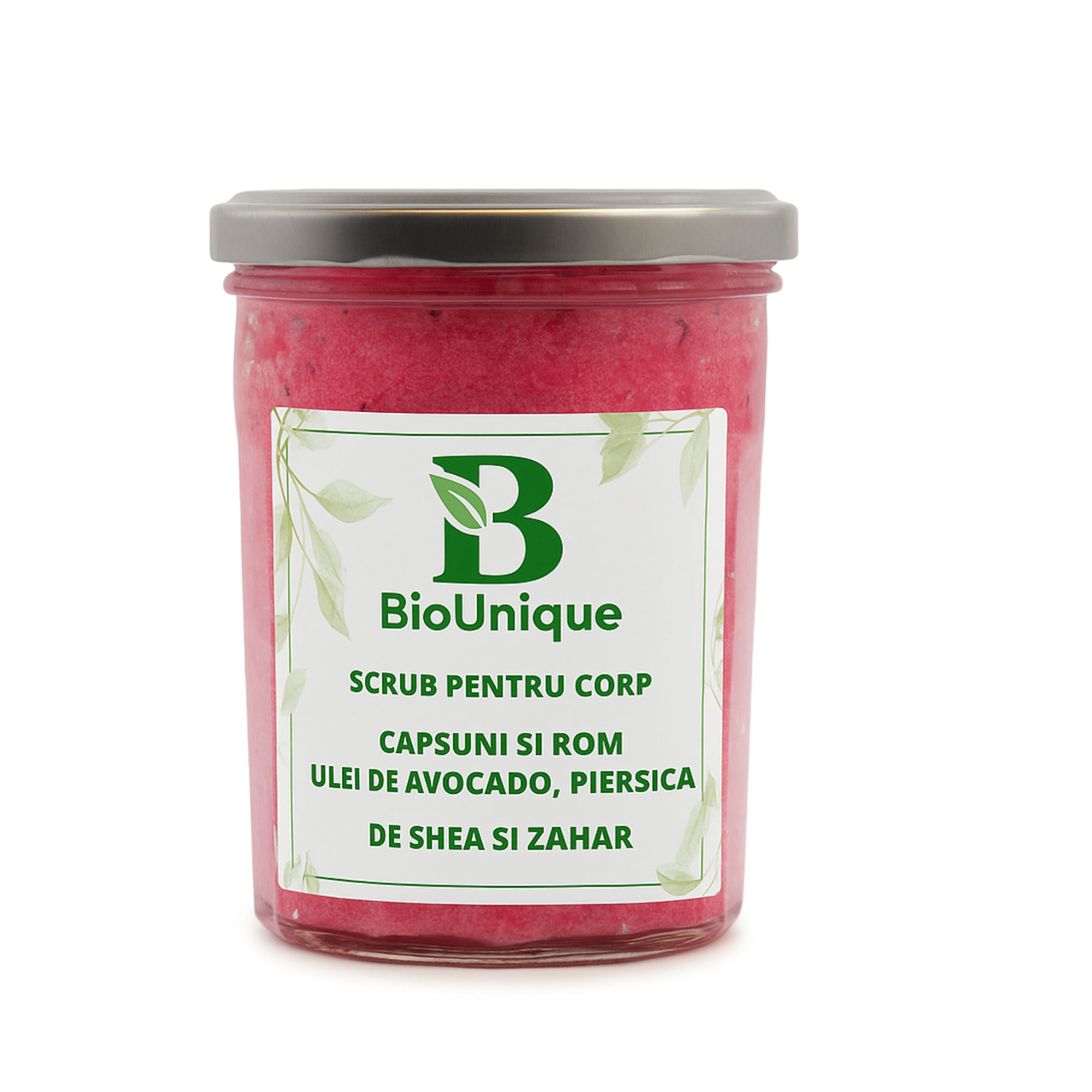 Scrub de corp cu zahar,unt de Shea si Uleiuri vegetale-Capsuni si Rom