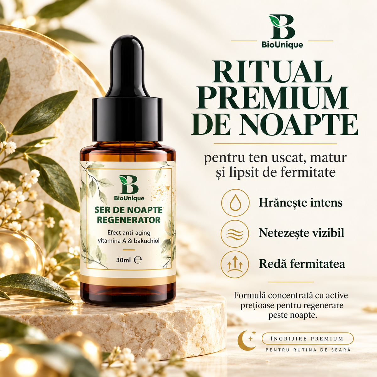 Ser de noapte anti-aging regenerator cu vitamina A si bakuchiol, 30 ml