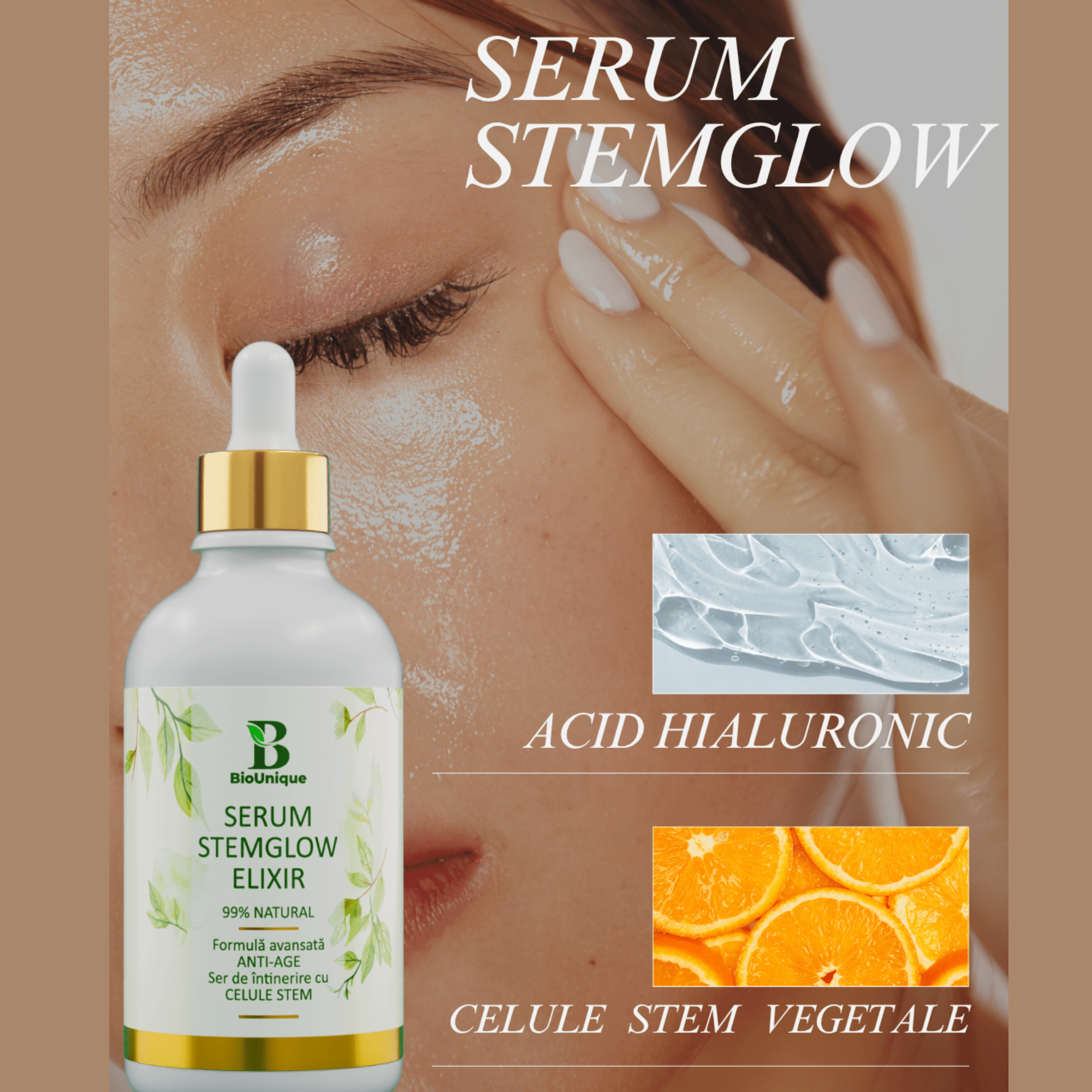 Serum Stemglow Elixir - Ser Anti - Aging cu Celule Stem din Portocal și Acid Hialuronic - BioUnique