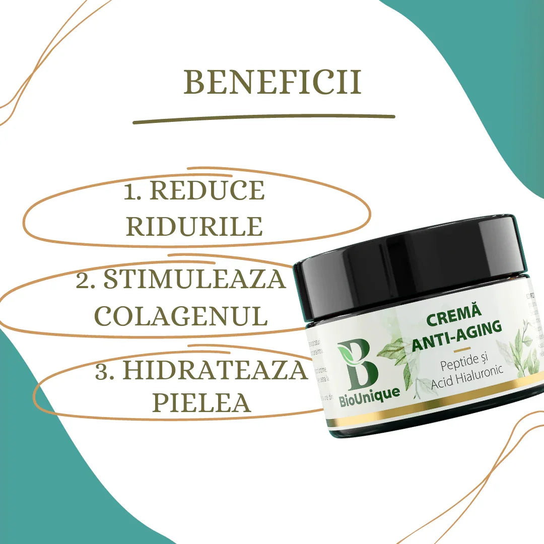Cremă Anti-Age cu Peptide și Acid Hialuronic ce reduce ridurile și oferă hidratare pielii - BioUnique