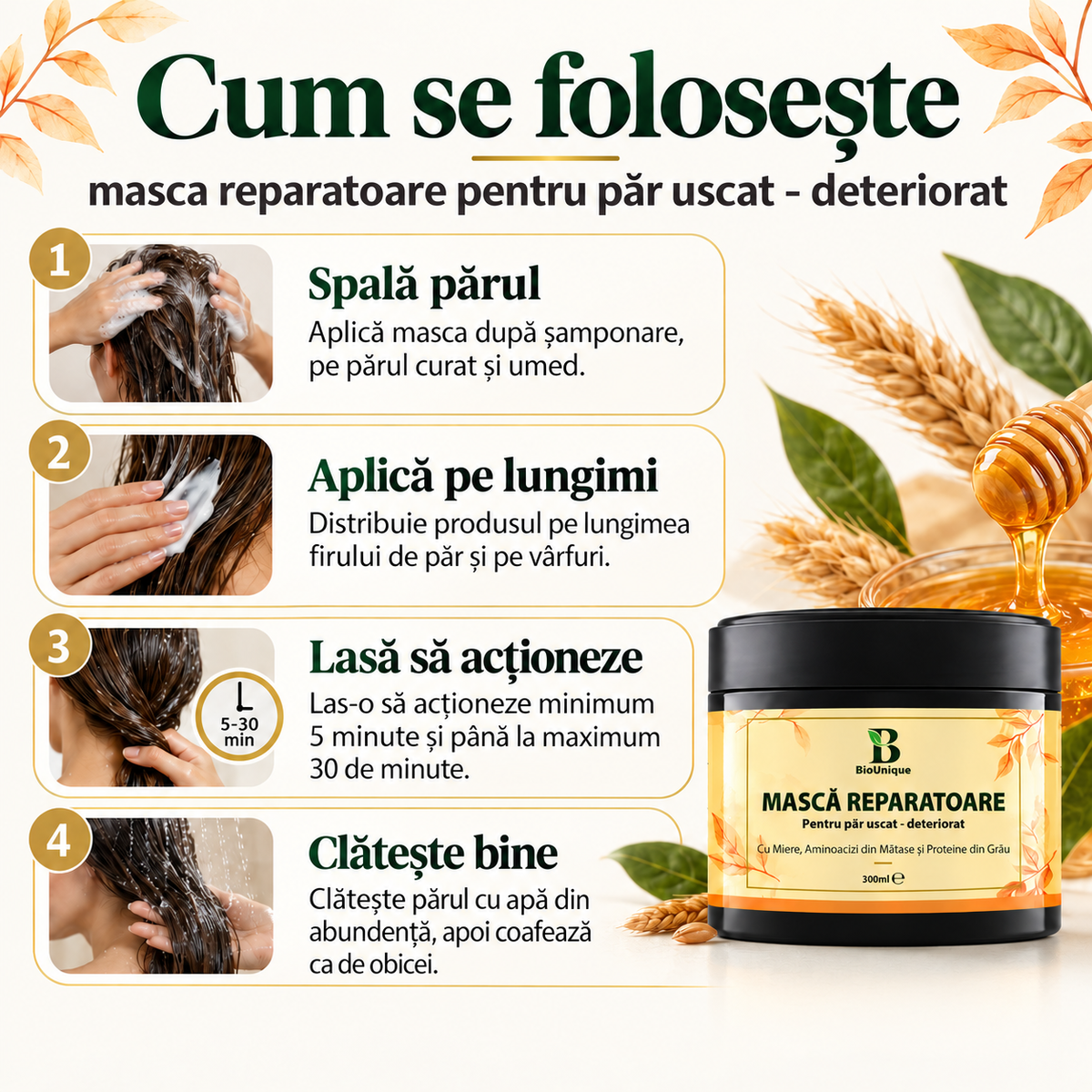 Mască reparatoare pentru păr uscat și deteriorat cu extract de miere, 300 ml