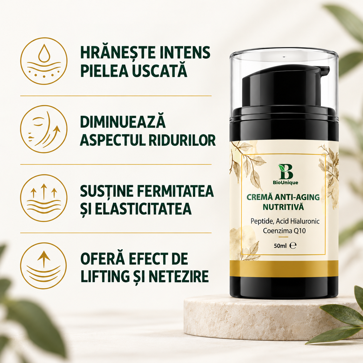 Crema anti-aging nutritiva cu peptide, acid hialuronic,coenzima Q10, 50 ml