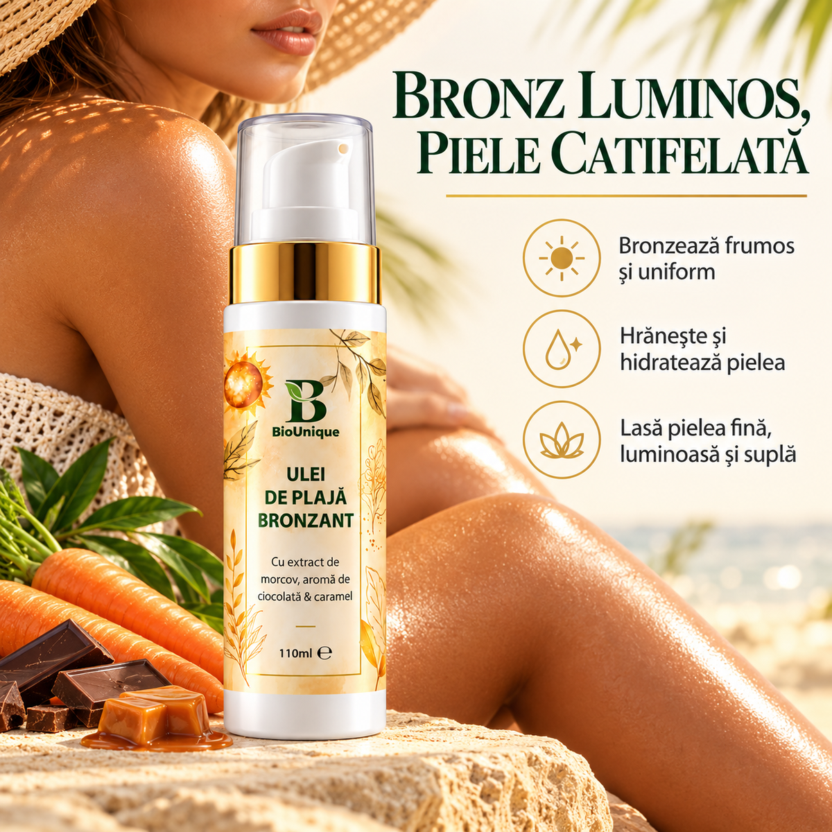 Ulei de plajă bronzant cu extract de morcov, aroma de ciocolată și caramel, 110 ml