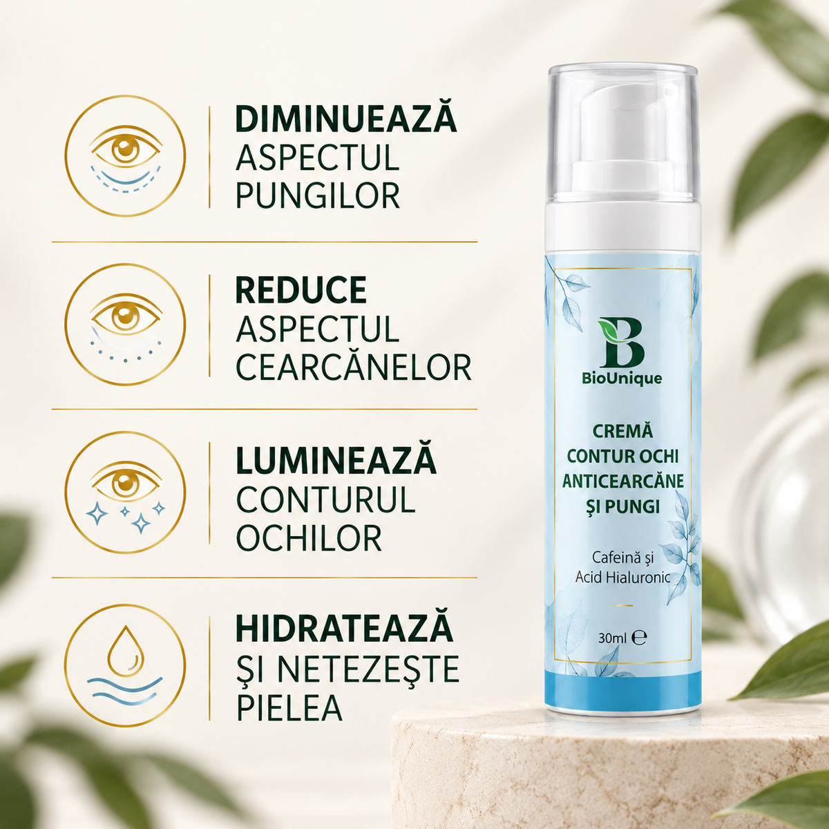 Cremă contur ochi anticearcăne și pungi sub ochi cu cafeină, 30 ml