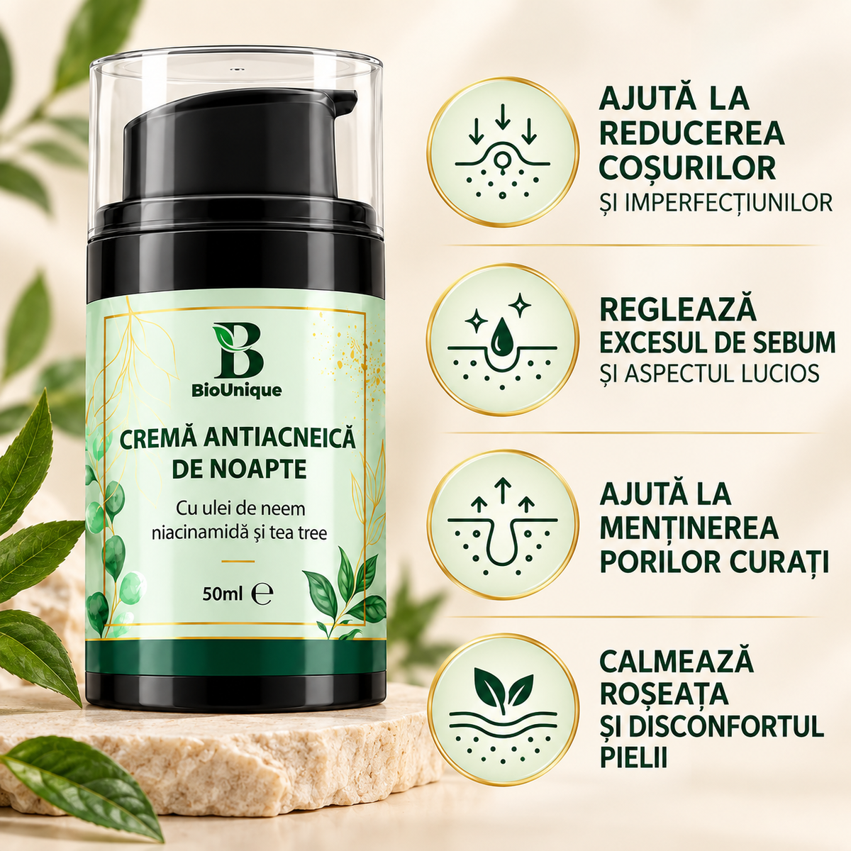 Cremă antiacneică de noapte cu neem, niacinamida si tea tree, 50 ml