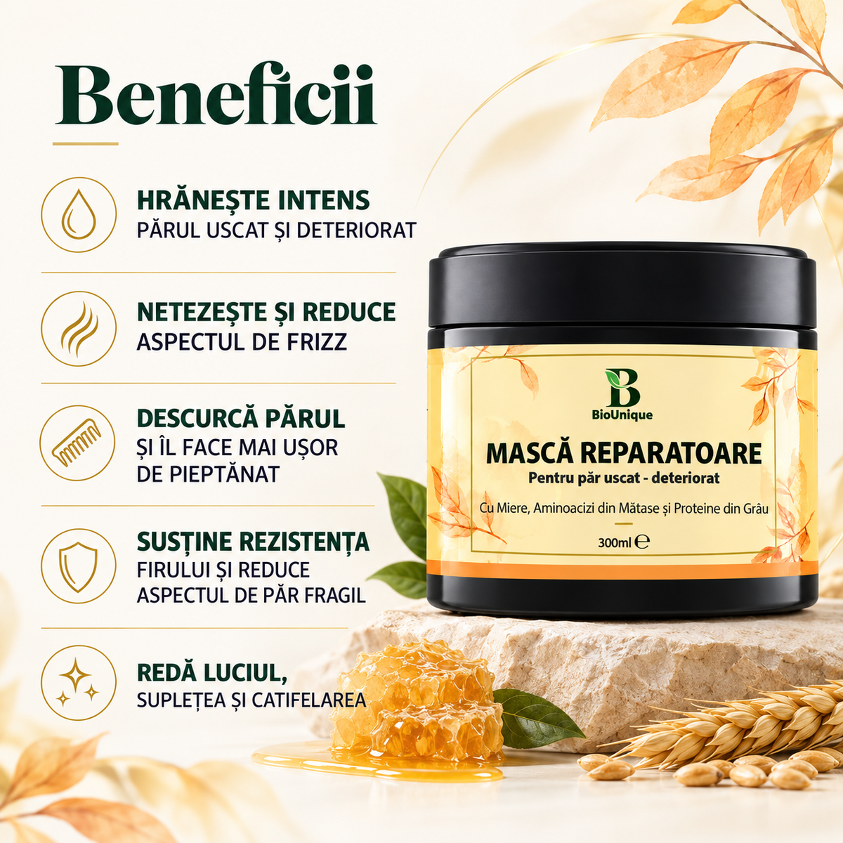 Mască reparatoare pentru păr uscat și deteriorat cu extract de miere, 300 ml
