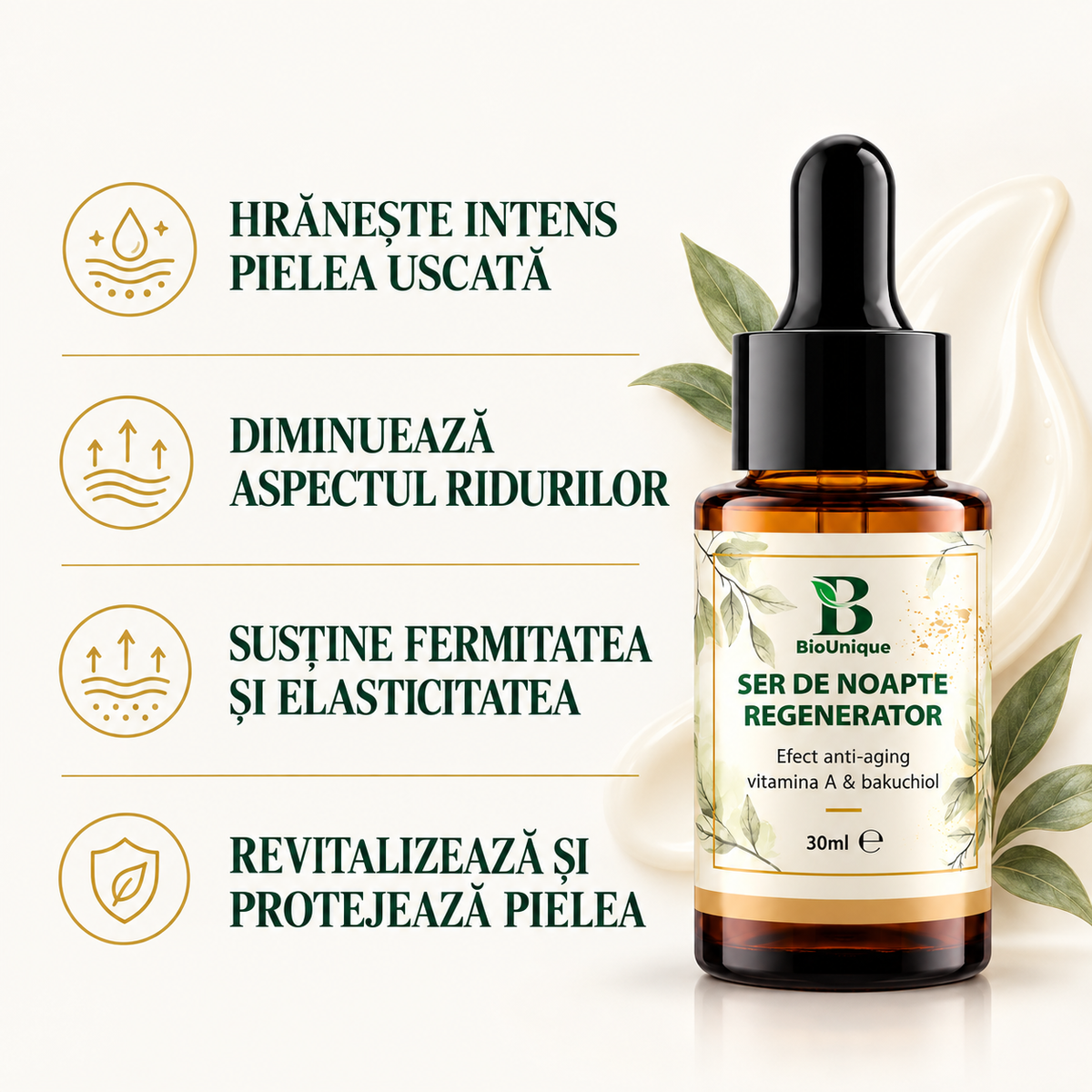 Ser de noapte anti-aging regenerator cu vitamina A si bakuchiol, 30 ml