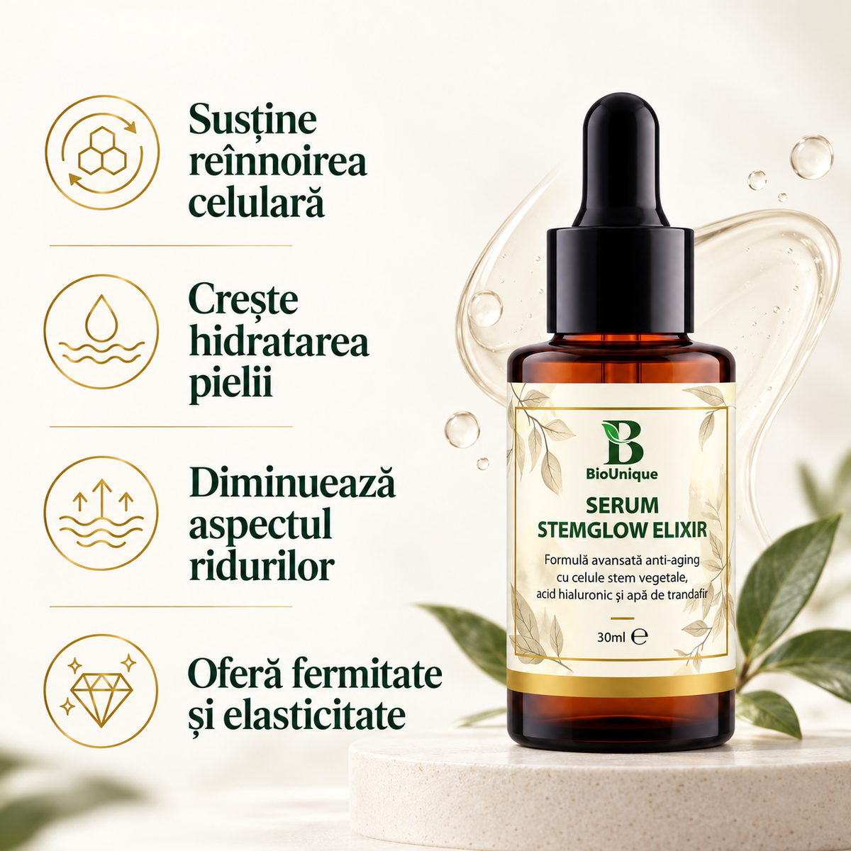 Serum stemglow elixir hidratant cu celule stem și acid hialuronic, 30 ml