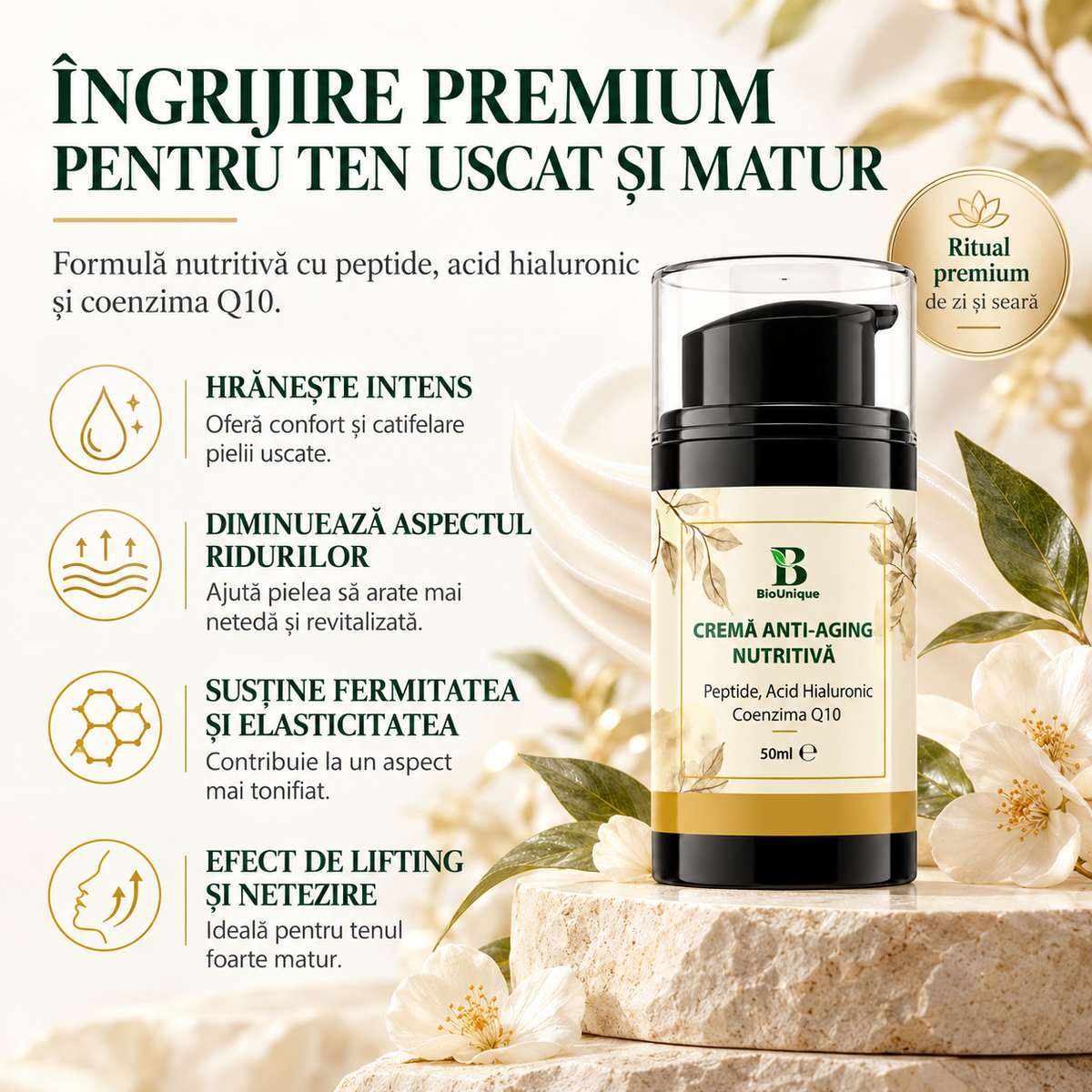 Crema anti-aging nutritiva cu peptide, acid hialuronic,coenzima Q10, 50 ml