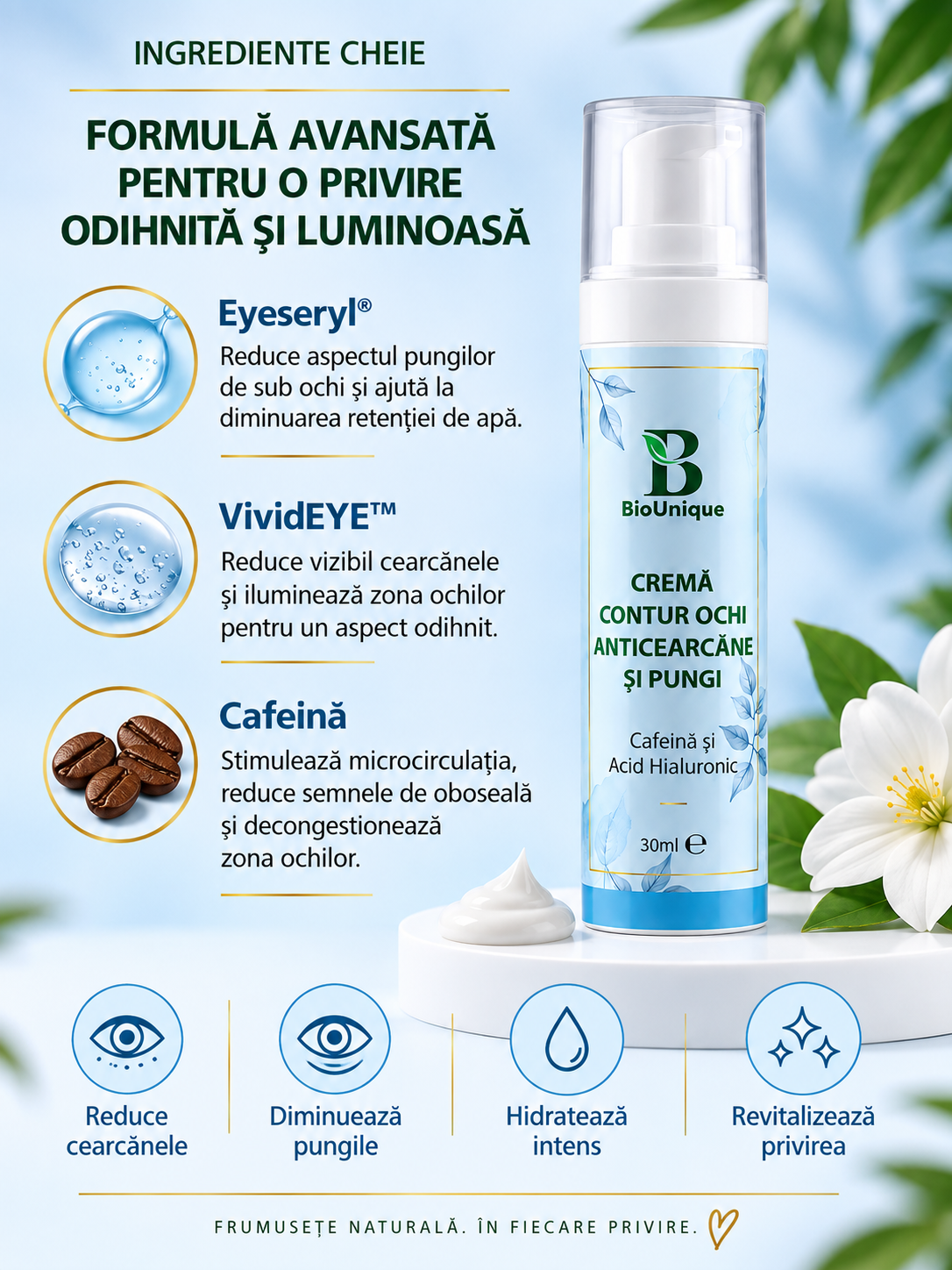 Cremă contur ochi anticearcăne și pungi sub ochi cu cafeină, 30 ml
