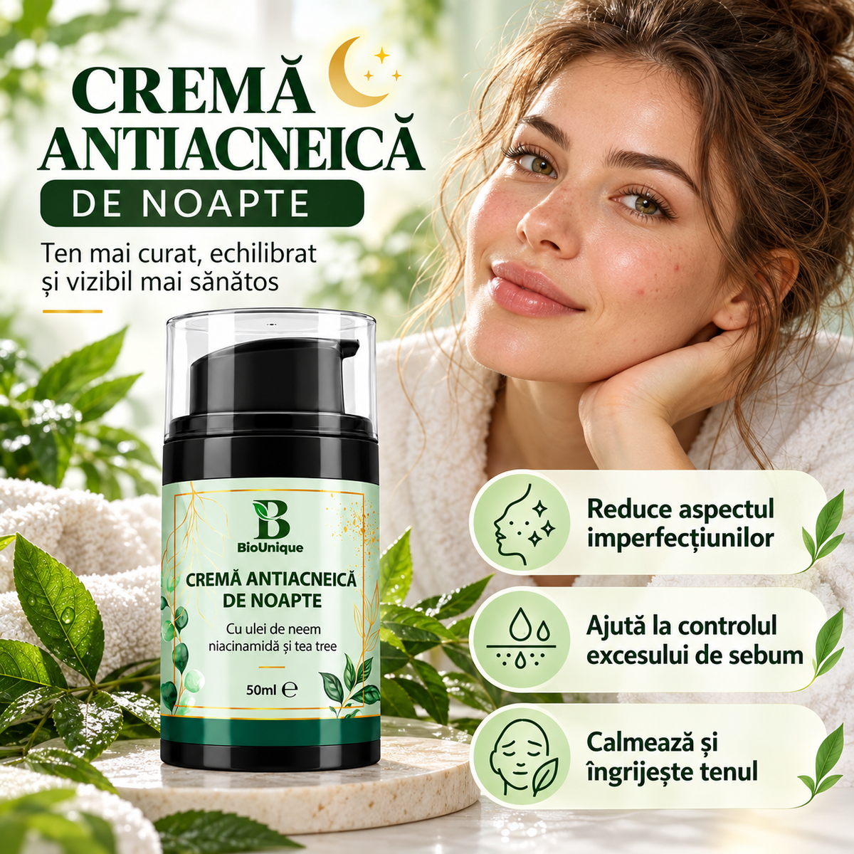 Cremă antiacneică de noapte cu neem, niacinamida si tea tree, 50 ml