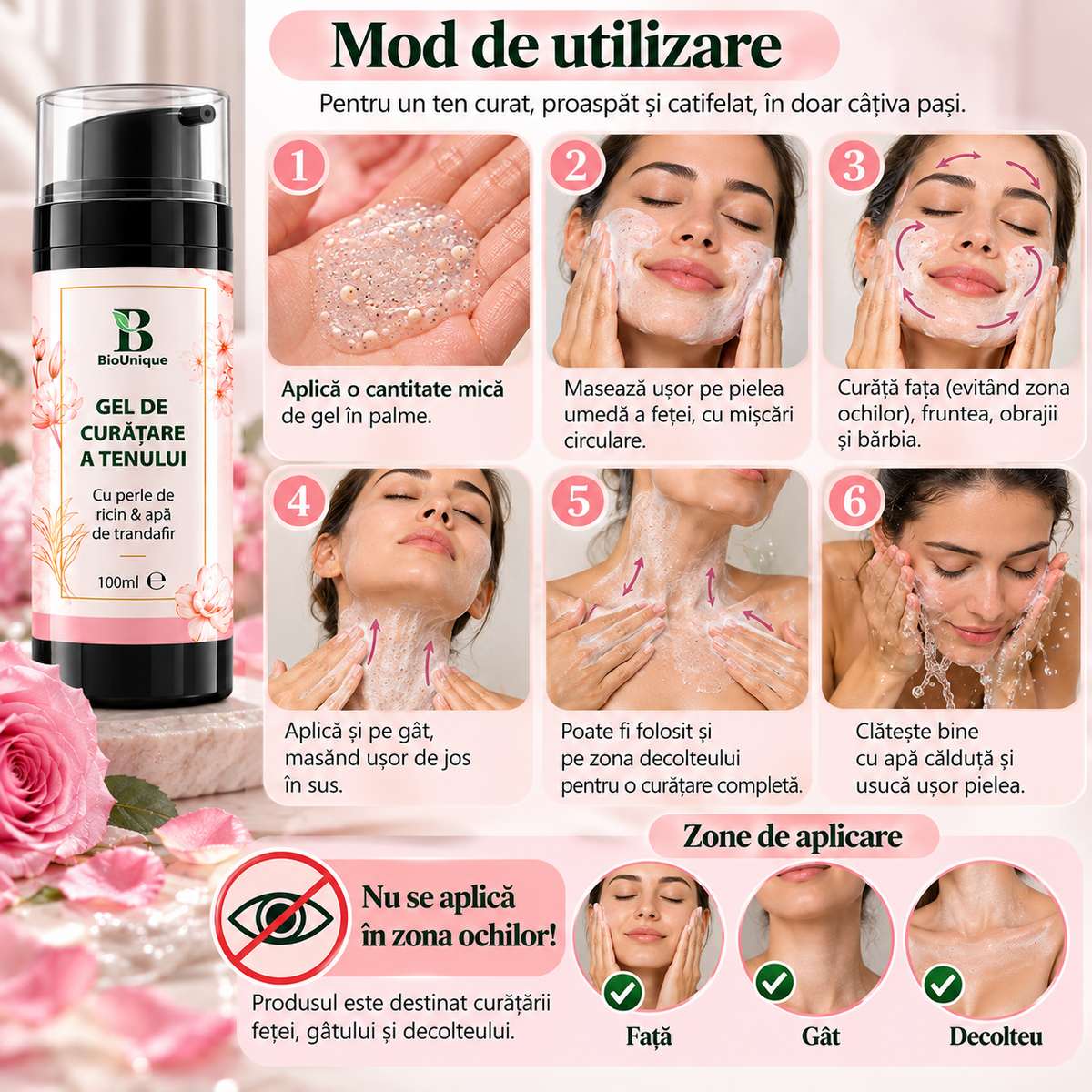 Gel de curățare a tenului cu apă de trandafir & perle de ricin, 100 ml