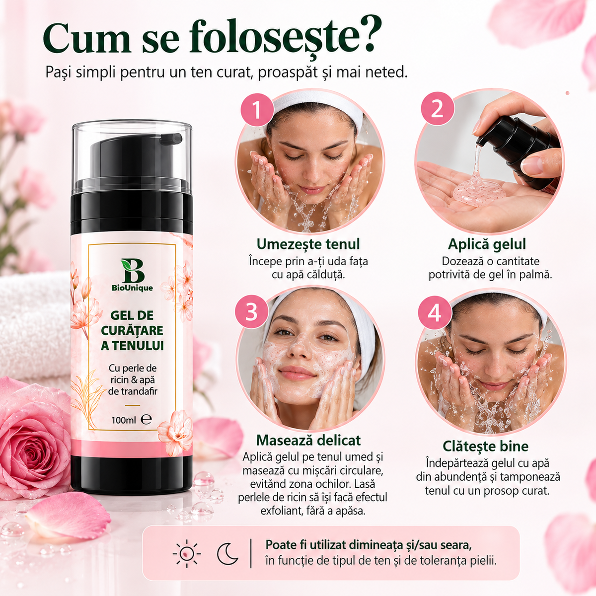 Gel de curățare a tenului cu apă de trandafir & perle de ricin, 100 ml