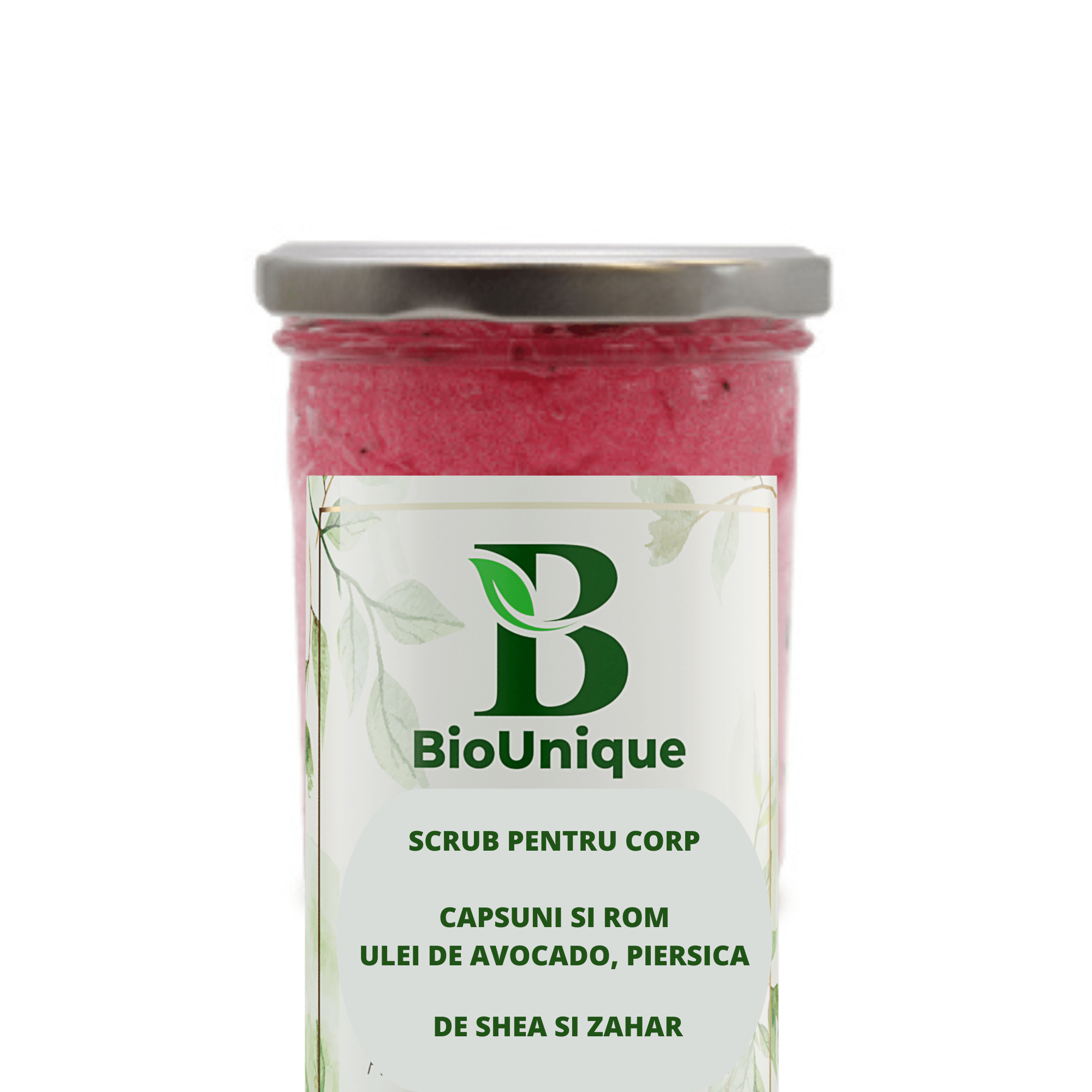 Scrub de corp cu zahar,unt de Shea si Uleiuri vegetale - Capsuni si Rom - BioUnique