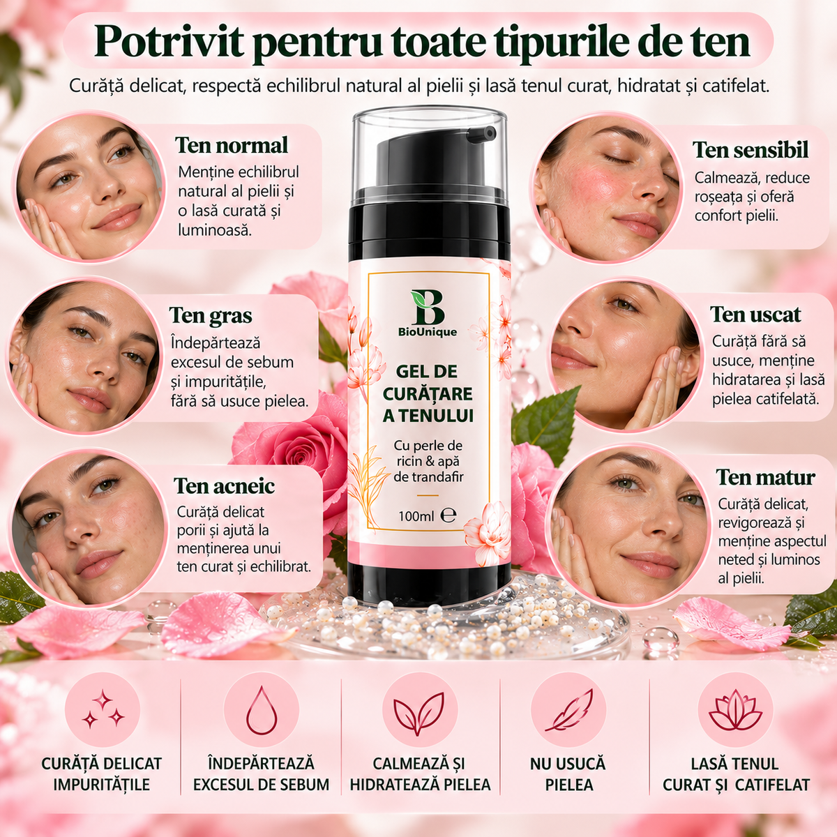 Gel de curățare a tenului cu apă de trandafir & perle de ricin, 100 ml
